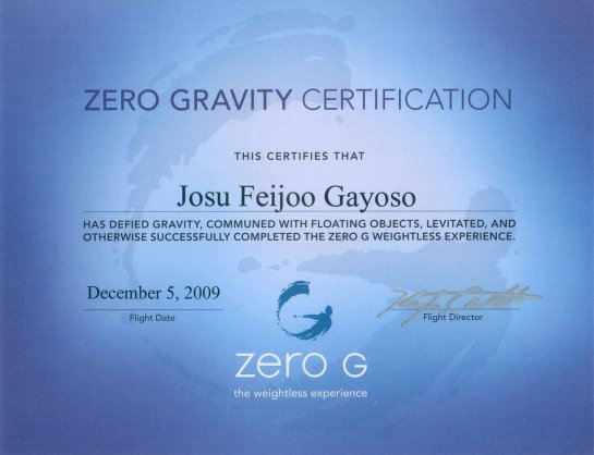 Certificado pruebas superadas en los vuelos ZERO G.